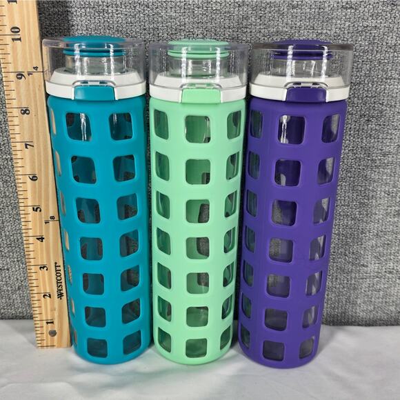 ELLO 3 SET GLASS WATER BOTTLES FLIP LID SILICONE SLEEVE 20OZ GREEN, TEAL, PURPLE - Picture 12 of 12